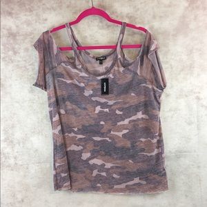 Express camo cut cold shoulder shirt